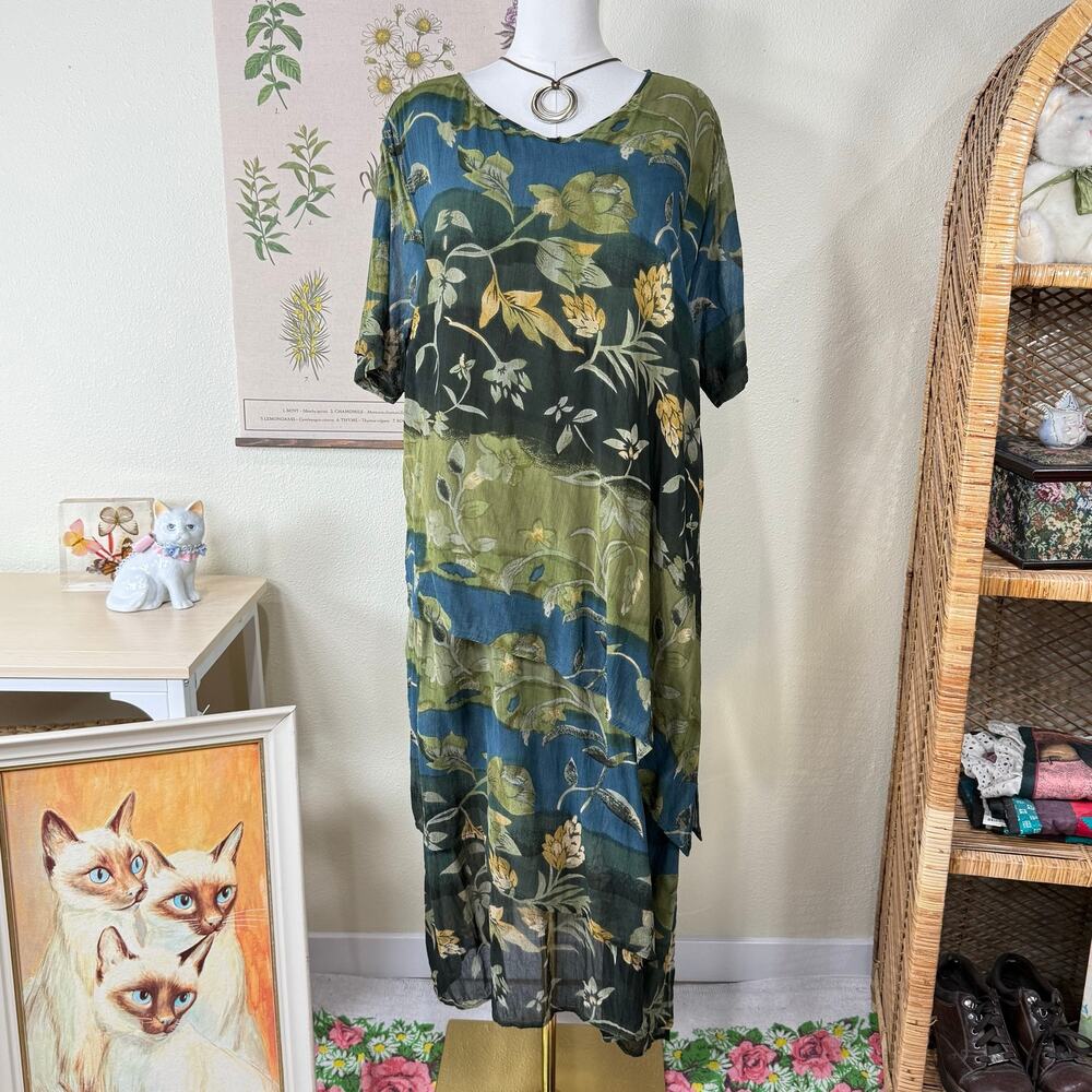 Vintage 90s Y2k Floral Layered Midi Dress Hippie Boho Fairy Grunge Forest 3X